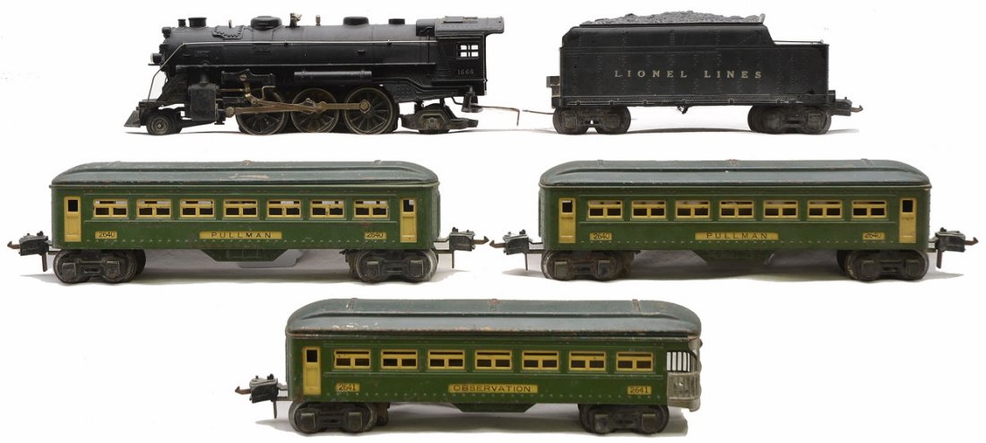 Lionel 2-Tone Green Passenger Set no. 1190W: Lionel prewar O gauge two-tone green passenger set no. 1190W, circa 1941 including; 1666 black steam loco, 2666W tender with black journals, two 2640 Pullmans and a 2641 observation. The cars have cre