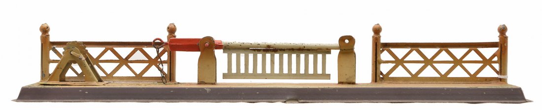 Doll & Cie Prewar O or 1 Ga. Crossing Gate: Doll & Cie prewar O or 1 gauge painted crossing gate. The paint is flaking. The crossing gate is C5.