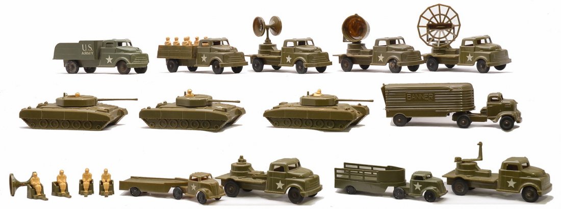 Vintage Pyro Selection of Army Vehicles: Vintage Pyro selection of Army vehicles including; three tanks, tractor with Banner trailer, truck with six Army men, truck lettered U.S. Army, truck with mobile radar, two trucks with speakers, truck