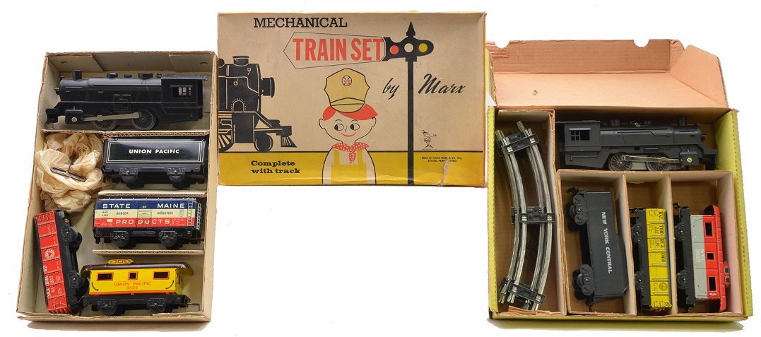Marx Allstate Sears Litho Set 9740 Marx Set 526: Marx Allstate Sears & Roebucks clockwork lithographed freight set no. 9740 complete with track in OB that has original cardboard inserts and a Marx clockwork lithographed freight set no. 526 in OB tha
