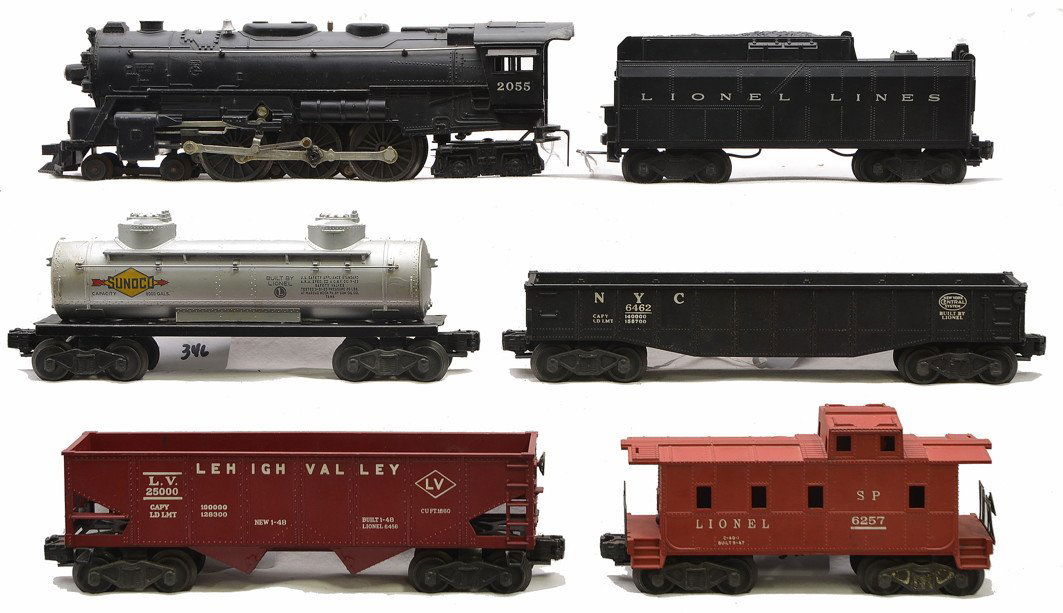 Lionel Postwar Four-Car Freight Set no. 1503WS: Lionel postwar four-car freight set no. 1503WS, circa 1953 including; 2055 black steam loco, 6026W tender, 6462 black New York Central tender, 6456 maroon Lehigh Valley hopper, 6465 silver Sunoco two