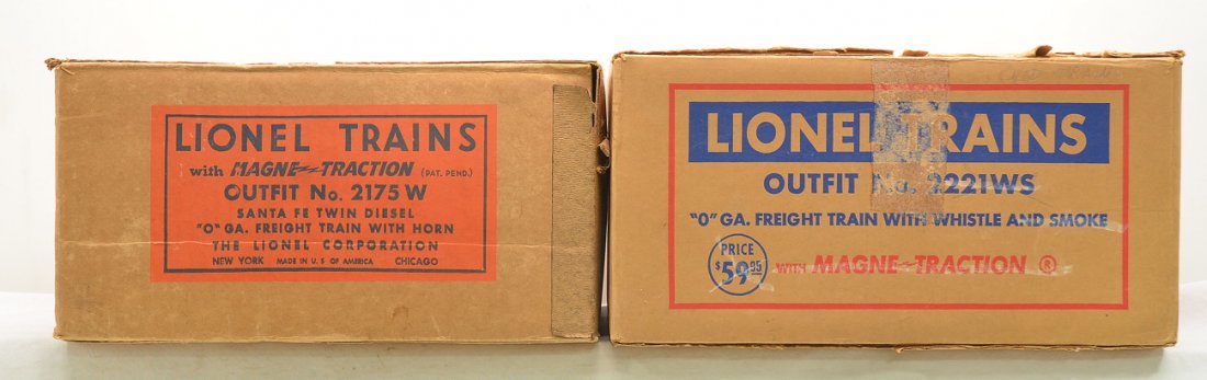Lionel Original Set Boxes ONLY 2175W 2221WS: Lionel postwar original set box only for a 2175W Santa Fe F3 AA diesel freight set. Also included is an original set box only for a 2221WS Diamond Express 646 steam freight train set. Both OBs are com