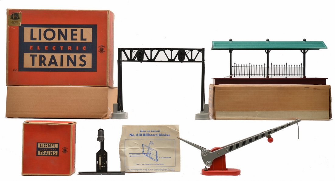 Lionel Accessories 157 450 410 OBs 152: Lionel postwar 157 illuminated station platform missing all of the signs in OB, 450 operating signal bridge with a 153C contactor in OB with original cardboard insert, 410 billboard blinker with instr
