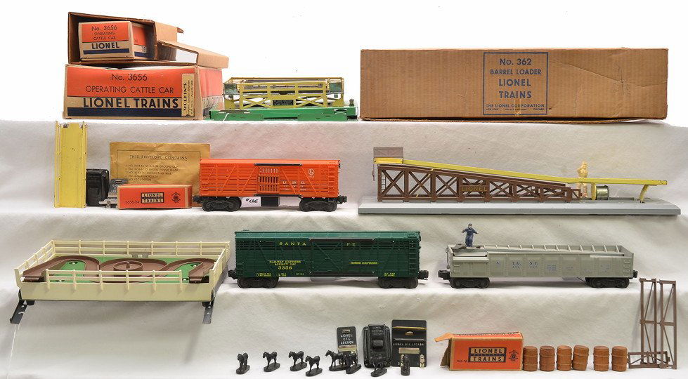 Lionel 3656 OB 3356 3562-25 362 Barrel Loader: Lionel postwar 3656 operating cattle car with 3656-34 nine figures for cattle both in individual OBs, corral, ramp and envelope with 364C controller, power blade, ground clip and lockon all in set box