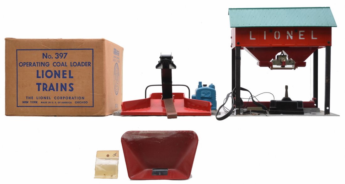 Lionel 397 Coal Loader OB 497 Coaling Station: Lionel postwar 397 operating coal loader with bin in OB and a 497 coaling station with controller. The shield on the coal loader is missing but a replacement shield is included. The belt is broke on t