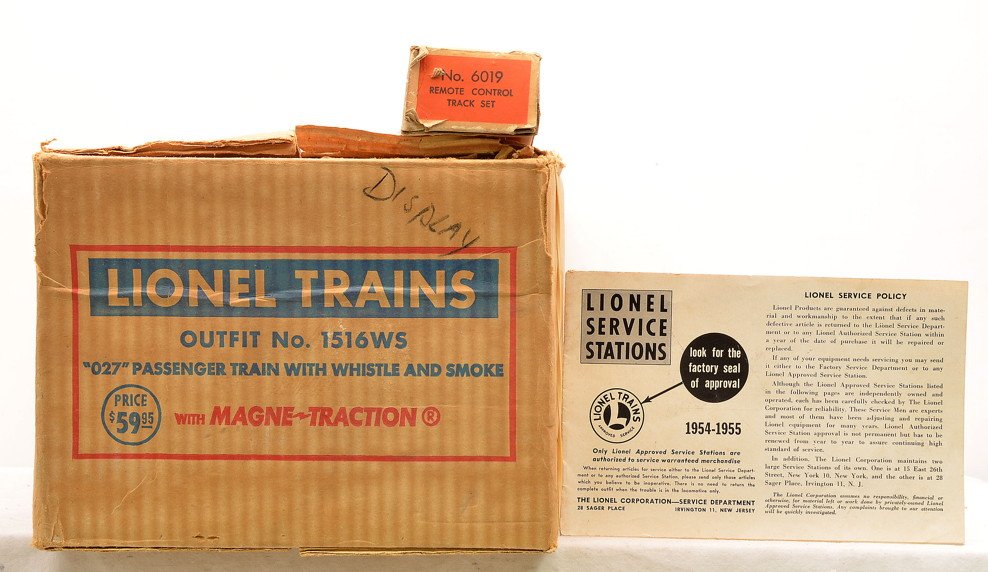 Lionel Original Set Box ONLY 1516WS Pass Set: Lionel postwar hard to find original set box only for a 1516WS Skylark passenger set from 1954 that contained a 2065 steam loco, 2046W tender, 2432 Clifton Asta Dome, 2434 Newark Pullman and a 2436 Su