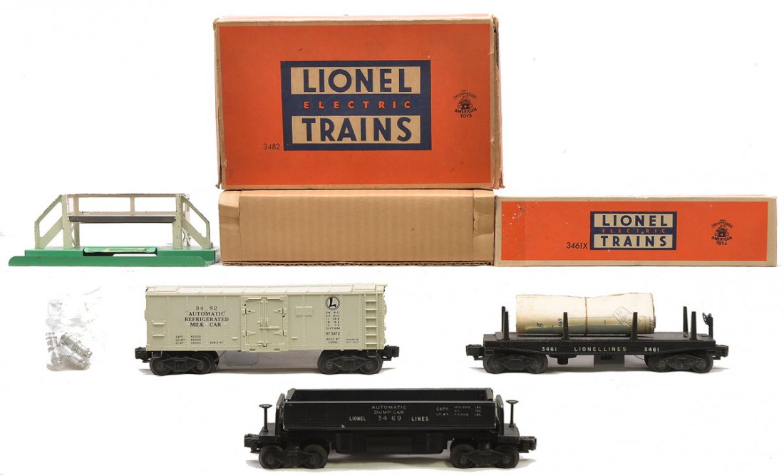 Lionel 3482 Stamped RT3472 3461X OBs 3469: Lionel postwar 3482 operating milk car, harder to find version with RT3472 stamped to the right of the door, stand and six milk cans in OB that has original cardboard insert, 3461X automatic lumber ca