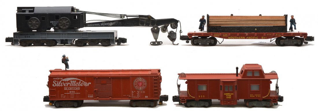 Am Flyer S Ga. Freight Cars 944 970 971 936: American Flyer S gauge freight cars including; 944 AF Industrial Brownhoist crane with gray die-cast body, 970 Seaboard operating boxcar, 971 Southern Pacific lumber unloading car and a 936 AFL caboos