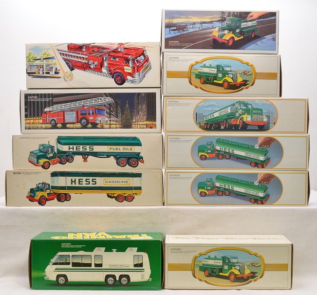 Selection of Hess Trucks 9-Gas 2-Fire MINT OBs: Selection of nine Hess gasoline trucks and two fire trucks in OBs. The trucks are from the 1970s and 1980s. The trucks are C9-10.