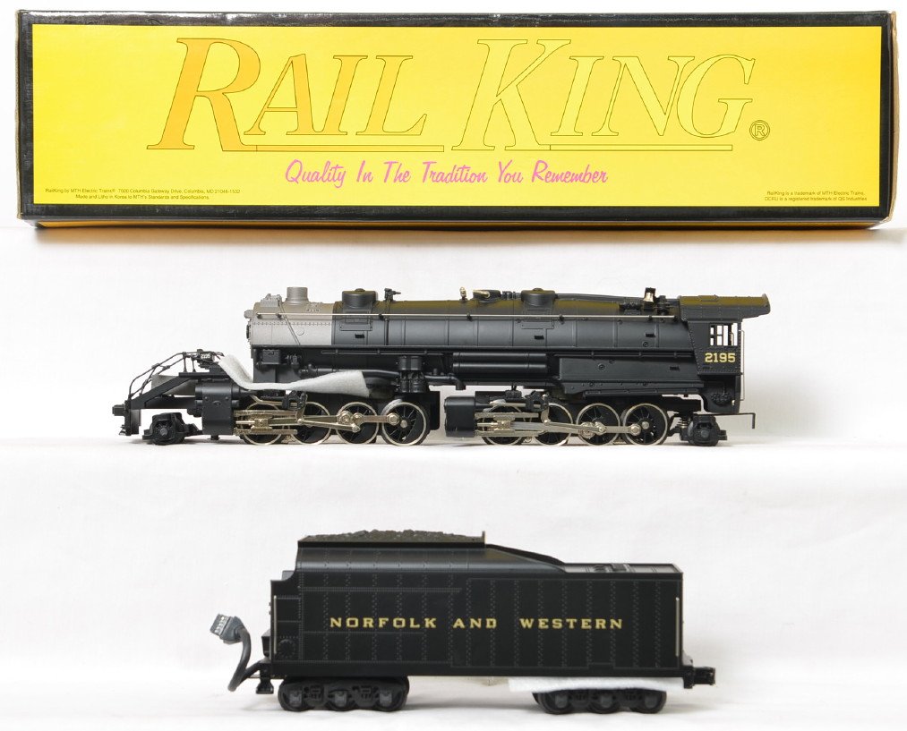 Railking Norfolk and Western Y6B with Proto 2: MTH Railking modern O gauge Norfolk and Western Y6B steam locomotive in OB. Catalog number is 30-1163-1. Loco features Protosound 2.0, DCS control, Protosmoke, Protocoupler and more. Loco is C8 condit
