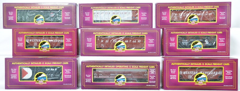 9 MTH coal hoppers WM, CP, C&NW, etc: MTH modern O gauge Premier hoppers in OBs. Nine cars include 97497 Western Maryland four bay, 97128 Western Maryland Coalporter, 98292 operating Western Maryland dump car, two 97449 Western Maryland t