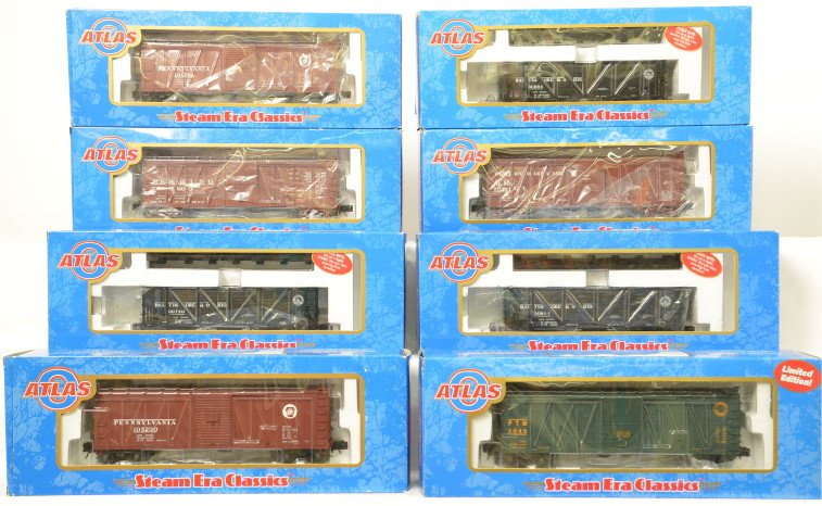 8 Atlas O steam era freight cars Reading, PRR, B&O, etc: Atlas modern O gauge steam era freight cars in OBs. Eight cars include 6463-2 Western Maryland boxcar, 6462-3 Reading boxcar, 6484-1 and -2 Pennsylvania boxcar, 6421-1, -2, and -4 Baltimore and Ohio w