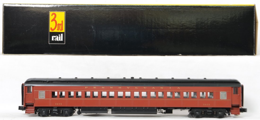 3d Rail / Sunset brass Pennsylvania P70 coach: 3rd Rail brass modern O gauge Pennsylvania P70 coach number 3746 in OB. C7-8 with one loose window insert.