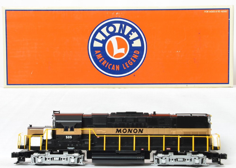 Lionel Monon Alco C420 with TMCC: Lionel modern O Gauge Monon Alco C-420 in OB. Catalog number is 28505. Loco features TMCC, fan driven smoke, Electrocouplers, and more. Loco is C8 with some run time. OB has corner wear.