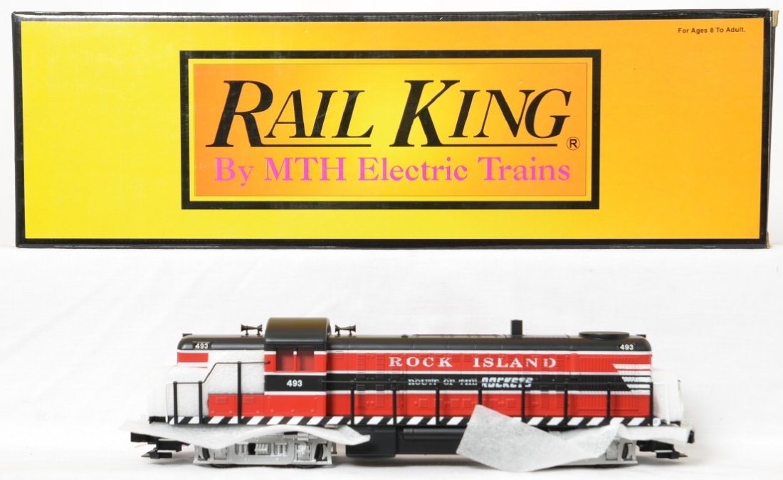 Railking Rock Island RS-3 with Proto 2: MTH Railking modern O gauge 30-2022-1 Rock Island RS-3 diesel locomotive in OB. Loco features Protosound 2.0, DCS control, Protosmoke, Protocouplers, and more. Loco is C8-9 with little if any run time