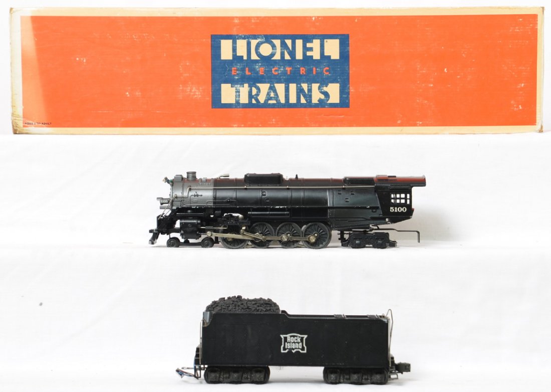Lionel 18001 Rock Island 4-8-4: Lionel modern O Gauge Rock Island 18001 Northern locomotive in OB. Loco features smoke, whistle, and sound of steam. Loco is C7 with paint chips, a small ding to one upper corner of the tender. OB has