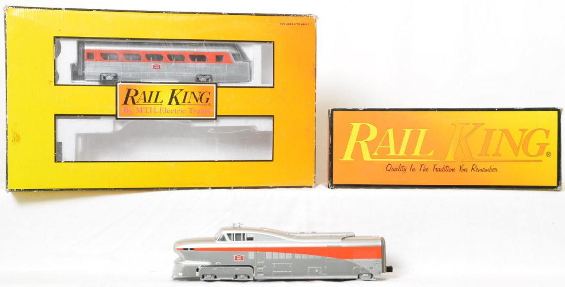 Railking Rock Island Aerotrain with Proto 2.0: Railking modern O Gauge Rock Island Aerotrain in OB. Catalog number is 30-2675-1. Set features Protosound 2.0, DCS control, and more. Train is C8 condition with some run time. OB is worn with some lig