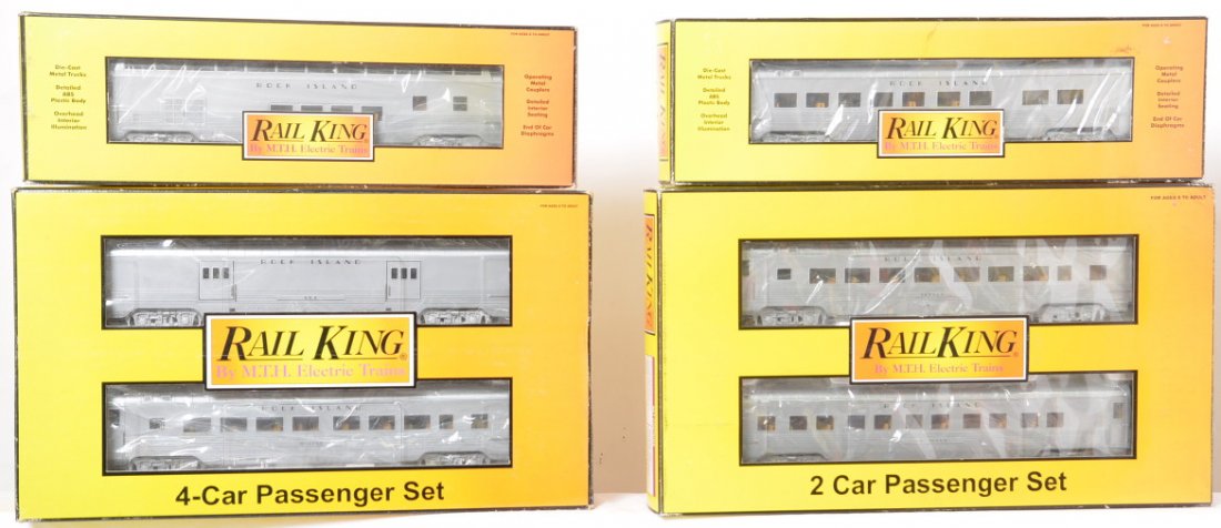 Railking Rock Island 8 car passenger set: MTH Railking modern O gauge Rock Island streamlined passenger set in OBs. Eight cars include 30-6754 four car set, 6756 coach, 6757 vista dome, and 6755 sleeper / diner two car add on set. Cars are C7