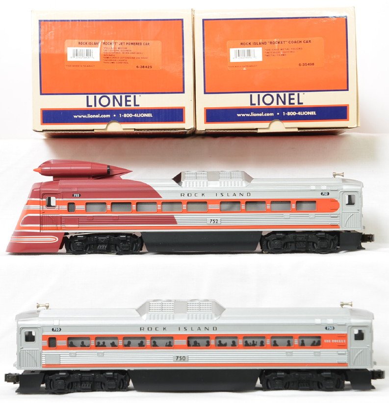 Lionel Rock Island jet powered RDC and coaches: Lionel modern O gauge Rock Island jet powered RDC and coaches in OB. Catalog number is 38425 and 35498. One car powered with sound. Trains are C8 with run time. OBs have some light corner wear. Also i