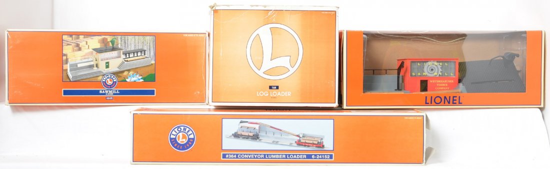 4 Lionel saw mills and lumber accessories 37123 24152: Lionel modern O gauge operating accessories in OBs. Four items include 37123 Weyerhaeuser saw mill, 32989 saw mill missing roof, 12915 164 log loader which appears to be non operational and missing co