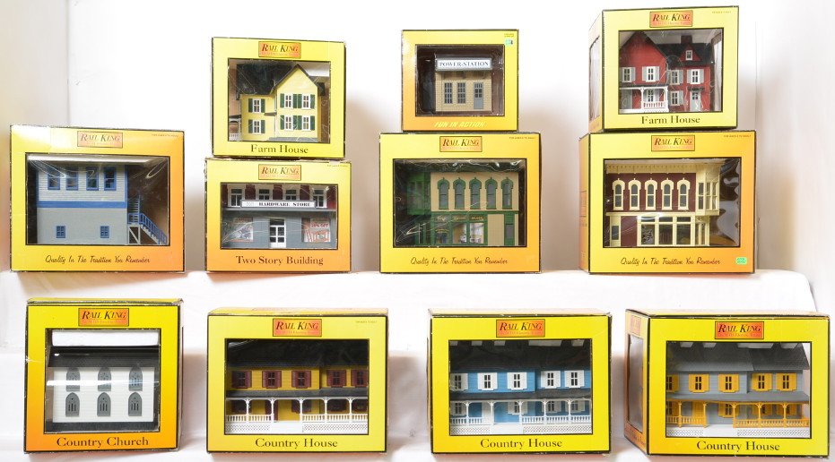 11 Railking buildings 9016, 90022, 9035, etc: MTH Railking modern O gauge buildings in OBs. Eleven homes and buildings include 9035, 9007, 9016, 90022, 9015, 9008, 90003, 9018, 9011, country church, and blue farm house.