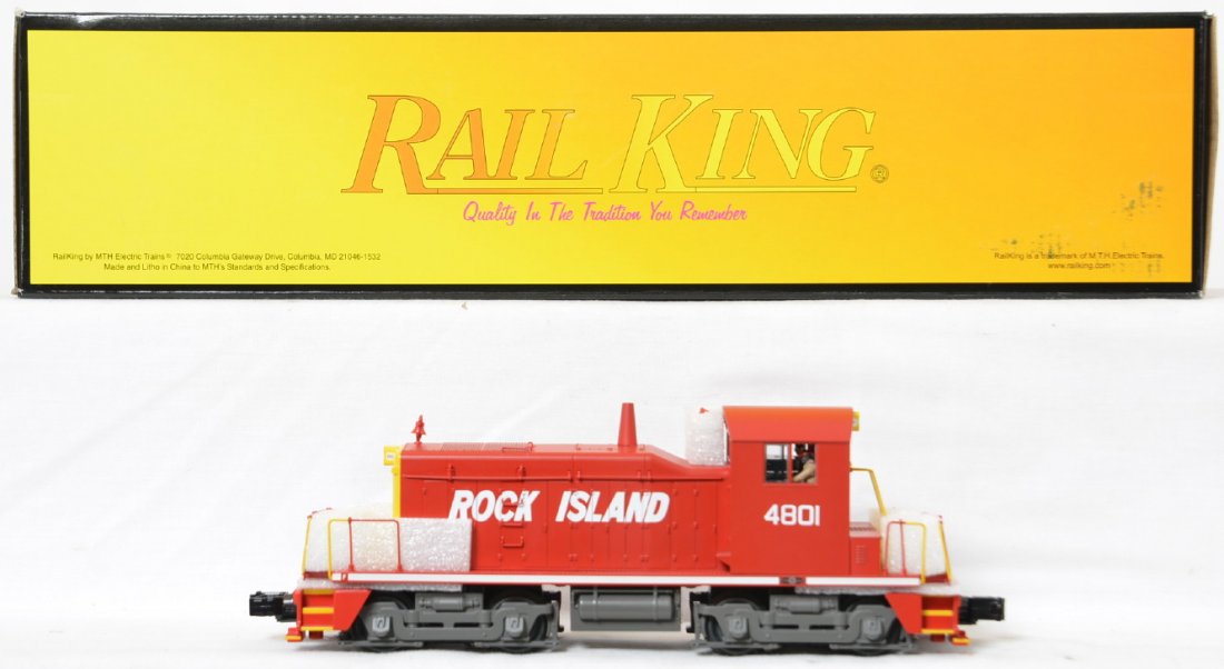Railking Rock Island SW-1 with Proto 2: MTH Railking modern O gauge 30-2923-1 Rock Island SW-1 switcher in OB. Loco features Protosound 2.0, DCS control, Protocouplers, and more. Loco is C8 with light run time. OB has light corner and edge 
