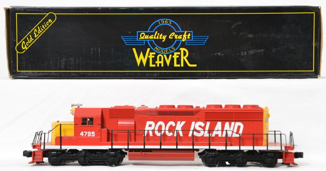 Weaver Rock Island SD-40-2 diesel locomotive: Weaver modern O gauge Rock Island SD-40-2 diesel locomotive in OB. Features horn, constant voltage lights, electronic reverse and more. Loco is C8 with run time, however missing brake wheel from side 