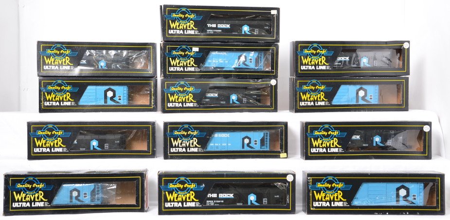 13 Weaver The Rock coal cars, hoppers, boxcars: Weaver modern O gauge The Rock freight cars in OBs. Thirteen cars include 6004, 05, and 06 boxcars, three PS-2 short hoppers, and seven three bay U3909 coal hoppers. Cars are C8 to C10.