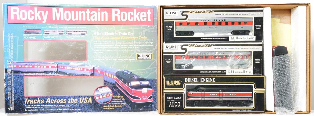 K Line 1732 Rock Island Rocky Mountain Rocket and: K Line modern O gauge K-1732 Rock Island Rocky Mountain Rocket set. Includes basic set and add on A unit and two extra cars. Missing track and transformer. Trains are C7-8 with moderate run time. Set