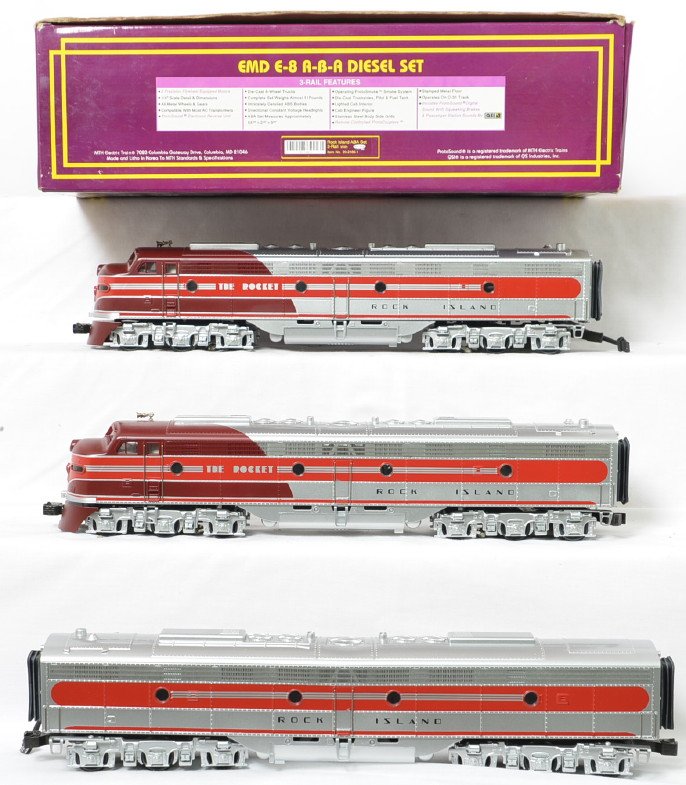 MTH Rock Island E-8 with Proto: MTH modern O gauge 20-2169-1 Rock Island E-8 A-B-A set in OB. Powered loco features Protosound, Protosmoke, Protocouplers, and more. Trains are C8 with run time. OB has light corner wear.