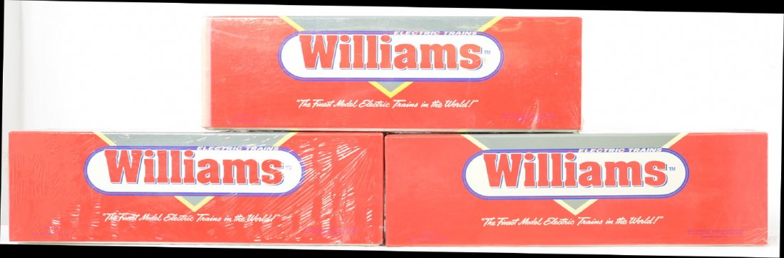 Williams Rock Island Alco FA A-B-A set sealed: Williams modern O gauge Rock Island Alco FA A-B-A set in OBs. Set number is FA-3008. Powered locomotive features True Blast II horn and bell. Set is factory sealed C10. OB ends have light sun fading.