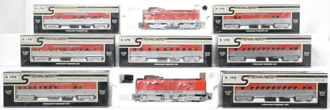 K Line Golden State locos and passenger cars: K Line modern O gauge Rock Island Golden State locos and passenger cars. Includes Alco A and B unit without boxes, Golden Divan coach, 6015 combine, 5065 baggage, 427 Golden Harvest diner, 346 Golden 