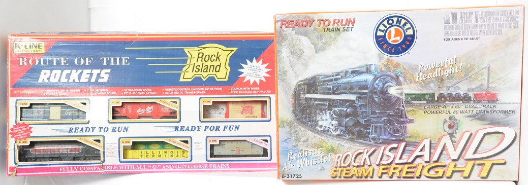 Lionel and K Line Rock Island sets: Lionel and K line modern O gauge Rock Island sets in OBs. Includes K-1527 Route of The Rockets set missing track, and 31725 Rock Island Steam Freight which is the trains only, no track transformer, or