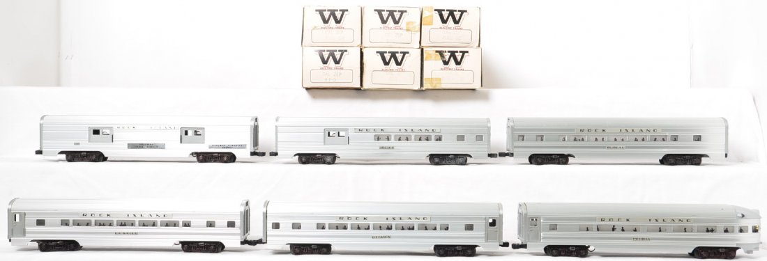 6 WIlliams aluminum Rock Island passenger cars: Williams modern O gauge custom Rock Island aluminum passenger cars in OBs. Cars are C7-8, with some light wear to the name plates and a few small spots on roofs. OBs have mild wear and tape repairs.