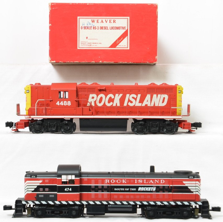 Weaver Rock Island RS-3 and Lionel GP-7: Weaver and Lionel modern O gauge Rock Island locomotives. Includes Weaver RS-3 in C7-8 condition with handrails in OB. Also includes custom painted Lionel Rock Island GP-7 with horn in C7-8 condition.