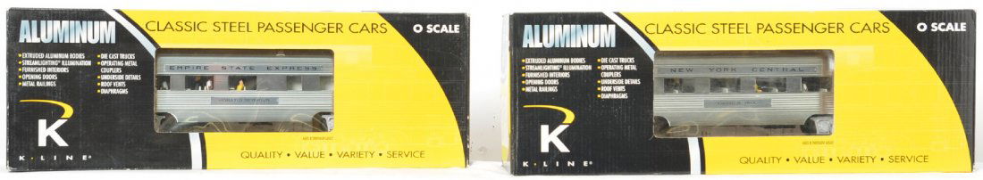 2 K Line New York Central aluminum passenger cars: K Line modern O gauge New York Central aluminum passenger cars in OBs. Includes K4670-12572 David B Hill chair car and 4670-10689 Horatio Seymour diner. Cars are C8 with run time. OBs have light wear.