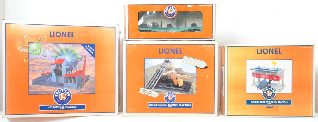 Lionel operating reactor, forklift platform, operating: Lionel modern O gauge operating accessories in OBs. Includes 14065 operating Nuclear reactor, 22999 sound dispatching station, 14000 264 operating forklift and 19486 New York Central flat with lumber
