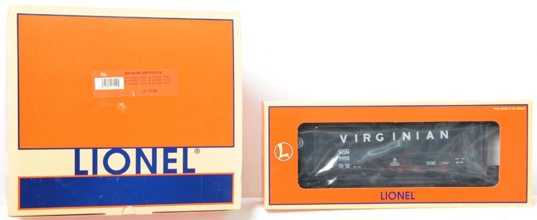 Lionel 17140 Virginian hopper six pack: Lionel modern O gauge 17140 Virginian hopper six pack. Set is C9-10. OB has some rubs on the sides.