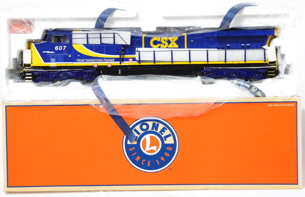 Lionel 38314 CSX AC6000 with Legacy: Lionel modern O gauge 38413 CSX AC6000 diesel locomotive in OB. Loco features Legacy control, Legacy Railsounds, fan driven smoke unit, Electrocouplers, and much more. Loco is new in the box C9-10, lo