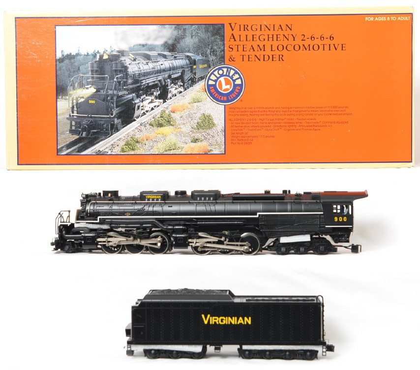 Lionel Virginian 2-6-6-6 Allegheny: Lionel modern O gauge 28028 Virginian 2-6-6-6 Allegheny steam loco with tender in OB. Loco features TMCC, Railsounds, fan driven smoke unit, Electrocoupler and much more. Loco is C8 with run time. Loc
