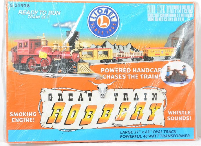 Lionel 31928 Great Train Robbery set: Lionel modern O gauge 31928 Great Train Robbery set in OB. Set is still sealed in plastic. Set is assumed C10.