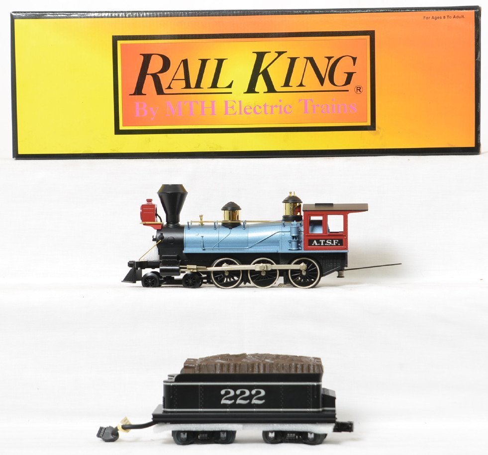 Railking Santa Fe 4-6-0 with Proto 2: MTH Railking modern O gauge 13-1425-1 Santa Fe 4-6-0 steam locomotive in OB. Loco features Protosound 2.0, DCS control, Protosmoke, Protocoupler, and more. Loco is C8 with run time.