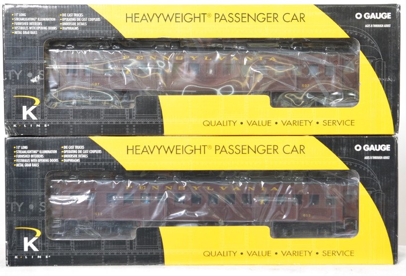 K Line Pennsylvania interurban set: K Line modern O gauge Pennsylvania interurban set in OBs. Includes K2780-0001 powered unit and K2780-0002 dummy. Trains are C8-9 with light run time. OBs have some light wear.