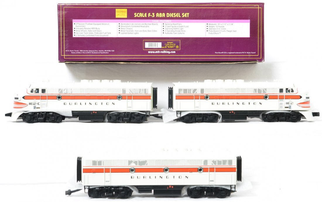 MTH Burlington F3 A-B-A with Proto 2: MTH modern O gauge 20-2307-1 Burlington F3 A-B-A set in OB. Powered loco features Protosound 2.0, DCS control, Protosmoke, Protocouplers, and more. Set is C8 with run time.