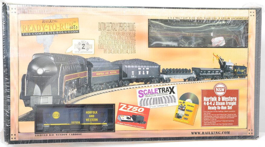 MTH Railking N&W J class freight set with Proto 2: MTH Railking modern O gauge 30-4058-1 Norfolk and Western J class freight set in OB. Loco features Protosound 2.0, DCS control, Protosmoke, Protocoupler, and more. Set is complete with track and trans