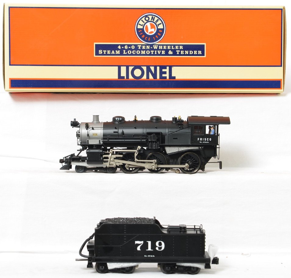 Lionel 38043 Frisco 4-6-0 steam locomotive with TMCC: Lionel modern O gauge 38043 4-6-0 Frisco steam locomotive in OB. Loco features TMCC, Railsounds, Electrocoupler, fan driven smoke unit and much more. Loco is C8 with run time. OB has mild shelf wear.