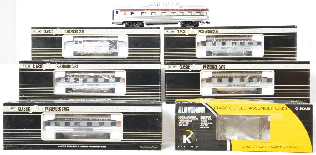 K Line Canadian Pacific 6 car aluminum passenger cars: K Line modern O gauge Canadian Pacific aluminum passenger cars in OBs. Six cars all with K4618 prefix include 10004 Blair Manor sleeper, 10005 Craig Manor sleeper, 10006 Empress cafe lounge, 10505 Sky