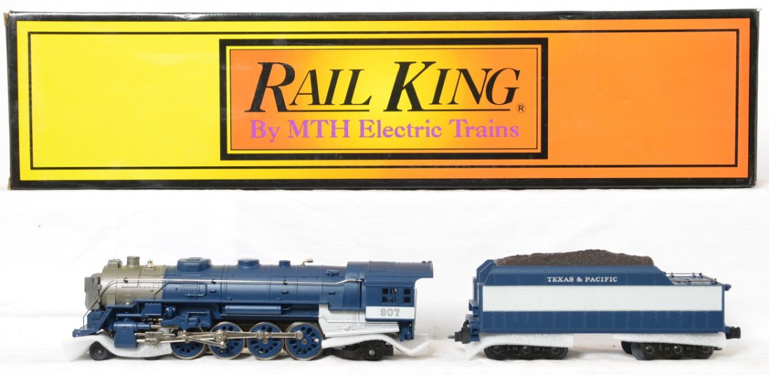 Railking Texas and Pacific L-3 steam locomotive: MTH Railking modern O gauge Texas and Pacific L-3 steam locomotive in OB. Loco is catalog number RK-1114LP. Loco features Protosound, Protosmoke, electronic reverse and more. Loco is C8 with run time.