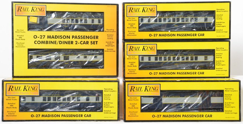 Railking B&O Madison six car passenger set: MTH Railking modern O gauge Baltimore and Ohio six car Madison passenger set in OBs. Includes 30-6269 two car add on set and 30-6265 B, C, D, and E four car set. Cars are C8 with run time. OBs have li