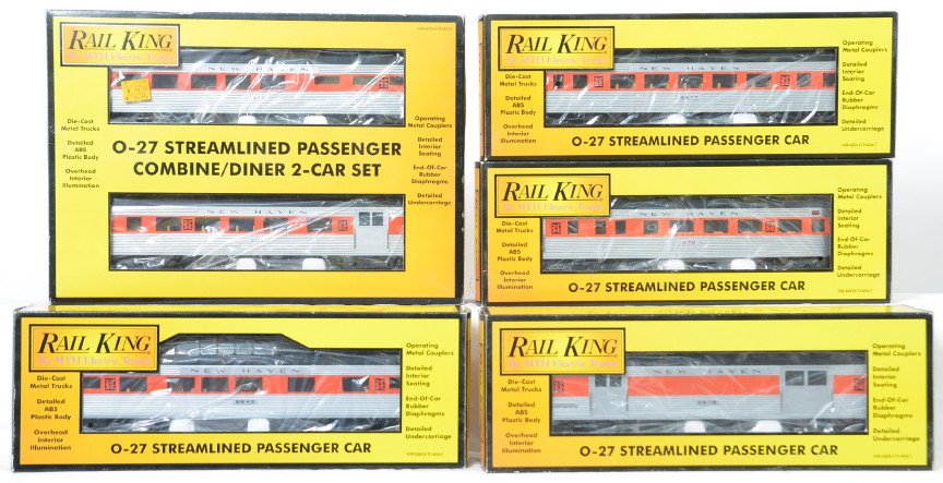 Railking New Haven streamlined six car passenger set: MTH Railking modern O gauge New Haven six car streamlined passenger set in OBs. Includes 30-6137 two car add on set, , and 30-6131 B, C, D, and E four car set. Cars are C8 with run time. OBs have ligh